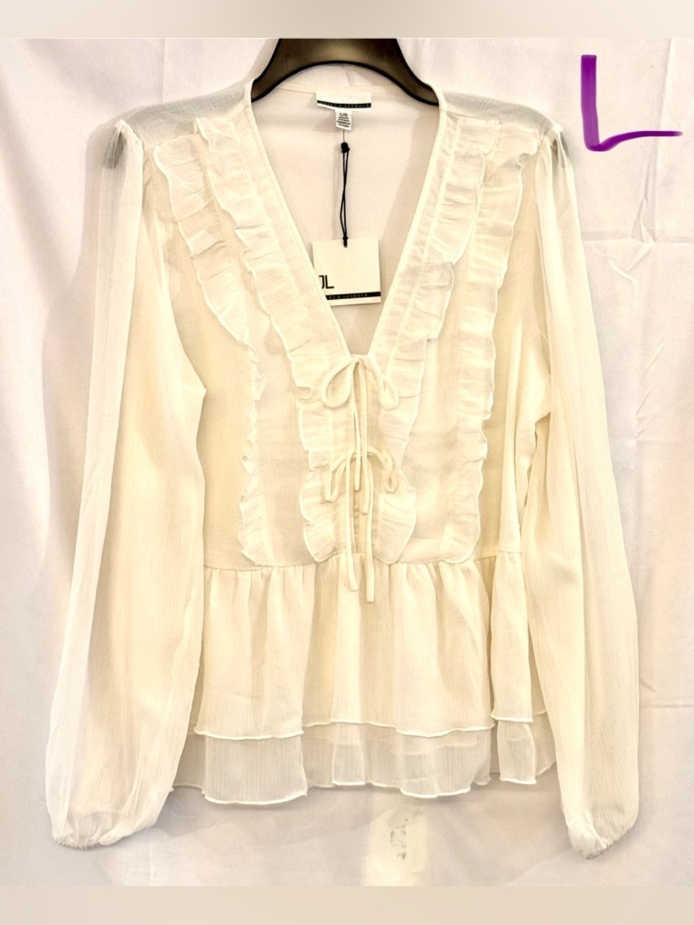 Jules & Leopold Sheer Cream Ruffle Tie-Front Blouse